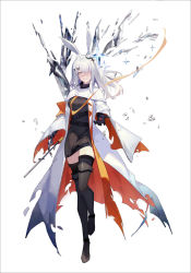 Rule 34 | 1girl, absurdres, animal ears, arknights, black dress, black footwear, black gloves, black thighhighs, boots, coat, dress, frostnova (arknights), full body, gloves, grey eyes, highres, long hair, long sleeves, looking at viewer, pencil dress, rabbit ears, scar, scar on face, scar on nose, short dress, silver hair, simple background, smile, solo, thigh boots, thighhighs, torii vita asayoru, white background, white coat, wide sleeves, zettai ryouiki