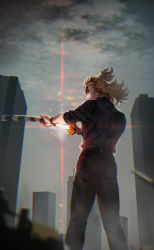 Rule 34 | 1boy, belt, black pants, black shirt, blonde hair, blurry, building, city, collared shirt, colored tips, contemporary, depth of field, floating hair, forked eyebrows, from behind, glint, glowing, glowing sword, glowing weapon, half updo, hashimoto (yanagi-momo), holding, holding sword, holding weapon, katana, kimetsu no yaiba, legs apart, light particles, long hair, looking at viewer, looking back, male focus, multicolored hair, outdoors, outstretched arms, overcast, pants, profile, red hair, rengoku kyoujurou, sheath, shirt, sideways glance, sky, skyscraper, sleeves rolled up, solo, standing, streaked hair, sword, thick eyebrows, unsheathing, watch, weapon, wind, wristwatch