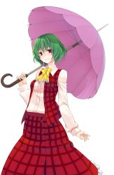 Rule 34 | 1girl, ascot, blouse, breasts, crote, female focus, frills, green hair, highres, holding, kazami yuuka, long sleeves, looking at viewer, open clothes, open vest, plaid, plaid skirt, red eyes, shirt, short hair, skirt, skirt set, smile, solo, touhou, transparent background, umbrella, vest