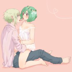 Rule 34 | 10s, 1boy, 1girl, alternate costume, bare legs, barefoot, blush, breasts, brera sterne, brother and sister, cero (cerocero), cherry, food, fruit, girl on top, green hair, head wreath, incest, looking at another, macross, macross delta, macross frontier, mouth hold, ranka lee, red eyes, see-through, short hair, siblings, sitting, small breasts, straddling, strap slip