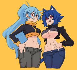Rule 34 | 2girls, absurdres, animal ear fluff, animal ears, black jacket, blue hair, blue pants, borrowed character, breasts, cat ears, cat tail, cowboy shot, crop top, cropped jacket, doce, female focus, freckles, grey pants, grin, hair between eyes, hand on own hip, highres, jacket, large breasts, long hair, looking at viewer, medium breasts, multiple girls, navel, open clothes, open jacket, open mouth, original, pants, purple eyes, red eyes, sharp teeth, short hair, simple background, smile, tail, teeth, underboob, xiao (docecaedrus), yellow background