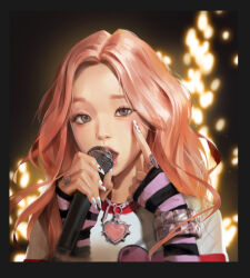 Rule 34 | 076kim, 1girl, absurdres, black border, border, bracelet, detached sleeves, g-i-dle, green eyes, heart, heart necklace, highres, holding, holding microphone, jewelry, k-pop, long hair, looking at viewer, microphone, nail polish, necklace, open mouth, pink hair, pointing, pointing at self, portrait, real life, realistic, ring, solo, song yu qi, white nails