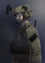 Rule 34 | 1boy, beard, brown hair, camouflage, dark background, ear protection, expressionless, facial hair, helmet, highres, load bearing vest, long sleeves, looking ahead, magazine (weapon), male focus, mature male, military operator, night vision device, original, patch, pen guin15, bulletproof vest, short hair, shoulder patch, simple background, solo, upper body