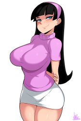 Rule 34 | 1girl, animification, arms behind back, artist name, black hair, blue eyes, breasts, commentary, highres, jmg, large breasts, long hair, looking to the side, md5 mismatch, resolution mismatch, signature, simple background, skirt, smile, solo, source larger, sweater, the fairly oddparents, thighs, trixie tang, turtleneck, white background, white skirt