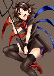 Rule 34 | &gt;:d, 1girl, :d, abe ranzu, asymmetrical hair, asymmetrical wings, black dress, black hair, black thighhighs, bow, bowtie, dress, fangs, from side, grey background, highres, houjuu nue, looking at viewer, looking to the side, open mouth, pointy ears, polearm, red bow, red bowtie, red eyes, red footwear, shoes, short dress, short sleeves, slit pupils, smile, solo, teeth, thighhighs, touhou, trident, v-shaped eyebrows, weapon, wings, wristband