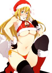 Rule 34 | 10s, 1girl, alternate costume, aqua eyes, atago (kancolle), bad id, bad twitter id, black gloves, black thighhighs, blonde hair, blush, breasts, christmas, fur trim, gloves, goshiki suzu, hand on own hip, hat, heart, highres, kantai collection, long hair, looking at viewer, navel, over shoulder, sack, santa costume, santa hat, simple background, solo, thighhighs, underboob