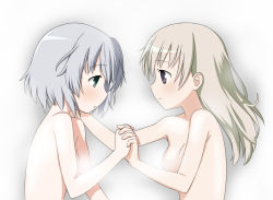 Rule 34 | 2girls, bare shoulders, blonde hair, blue eyes, blush, breasts, censored, convenient censoring, couple, eila ilmatar juutilainen, eye contact, green eyes, holding hands, hand on another&#039;s cheek, hand on another&#039;s face, kinniku tarou, long hair, looking at another, multiple girls, nude, sanya v. litvyak, short hair, silver hair, small breasts, strike witches, world witches series, yuri