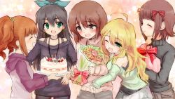 5girls amami_haruka bad_id bad_pixiv_id black_hair blonde_hair blue_eyes bouquet brown_eyes brown_hair cake earrings flower food furorida ganaha_hibiki green_eyes hagiwara_yukiho hoshii_miki idolmaster idolmaster_(classic) jewelry long_hair multiple_girls one_eye_closed ponytail ribbon smile takatsuki_yayoi tears twintails wink