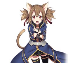 Rule 34 | 1girl, animal ears, black skirt, black thighhighs, brown hair, cat ears, cat tail, cowboy shot, hair between eyes, long hair, looking at viewer, miniskirt, open mouth, pleated skirt, red eyes, short twintails, silica, silica (sao-alo), skirt, solo, standing, sword art online, tail, thighhighs, transparent background, twintails, zettai ryouiki