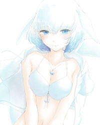 Rule 34 | 1girl, bare arms, bare shoulders, beluga whale (kemono friends) (stylecase), bikini, blue bikini, blue eyes, blue hair, breasts, collarbone, commentary request, gradient hair, hair between eyes, highres, jacket, jacket on shoulders, jewelry, kemono friends, large breasts, light blush, looking at viewer, multicolored hair, necklace, original, short hair, simple background, smile, solo, stylecase, swimsuit, upper body, v arms, white background, white hair, white jacket