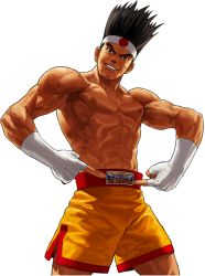 Rule 34 | 1boy, abs, belt buckle, brown hair, buckle, fatal fury, fingerless gloves, gloves, grin, headband, joe higashi, male focus, muscular, official art, ogura eisuke, pointing, pointing at self, shorts, smile, snk, solo, the king of fighters, the king of fighters xii, topless male, transparent background