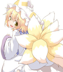 Rule 34 | 1girl, :d, blonde hair, dress, fox tail, hat, looking at viewer, looking back, multiple tails, natsu no koucha, open mouth, short hair, simple background, sitting, smile, solo, sweat, tail, touhou, wide sleeves, yakumo ran, yellow eyes