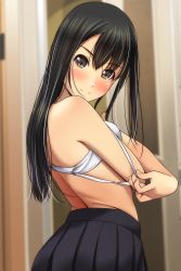 Rule 34 | &gt;:), 1girl, absurdres, bare arms, bare shoulders, black hair, black skirt, blurry, blurry background, blush, bra, brown eyes, closed mouth, depth of field, fingernails, hair between eyes, highres, long hair, looking at viewer, looking to the side, matsunaga kouyou, no shirt, nose blush, original, pleated skirt, pulling own clothes, removing bra, skirt, smile, solo, standing, strap pull, underwear, undressing, v-shaped eyebrows, white bra