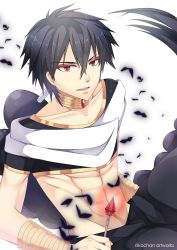 Rule 34 | 1boy, absurdres, black hair, braid, happy, highres, jewelry, judal, long hair, magi the labyrinth of magic, male focus, navel, necklace, red eyes, riikochan, simple background, solo