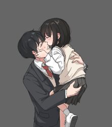 Rule 34 | 1boy, 1girl, age difference, bare legs, bbatne, black hair, black skirt, black suit, blush, business suit, carrying, carrying person, child, closed eyes, formal, grey background, kiss, necktie, original, red necktie, simple background, skirt, socks, suit, sweater vest, white footwear, white socks