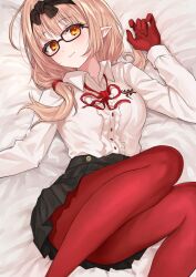 Rule 34 | 1girl, bed, blue archive, chinatsu (blue archive), deca purio, glasses, gloves, lying, miniskirt, on bed, pantyhose, red gloves, red pantyhose, school uniform, shirt, skirt, solo, white background, white shirt