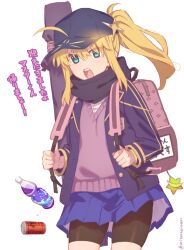 Rule 34 | 1girl, ahoge, artoria pendragon (fate), backpack, bag, baseball cap, bike shorts, black scarf, black shorts, blonde hair, blue jacket, blue skirt, blush, bottle, breasts, can, contemporary, drink can, fate/grand order, fate (series), green eyes, grey sweater, hair through headwear, hat, highres, jacket, long hair, long sleeves, looking at viewer, mitsurugi sugar, mysterious heroine x (fate), open clothes, open jacket, open mouth, ponytail, rojiura satsuki: chapter heroine sanctuary, scarf, shorts, shorts under skirt, sidelocks, skirt, small breasts, soda can, sweater, translation request, variant set