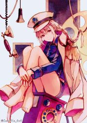 Rule 34 | 1girl, akagi shun, bare legs, barefoot, blonde hair, blue jacket, braid, bright pupils, closed mouth, commentary request, corded phone, epaulettes, hat, hugging own legs, jacket, jacket over shoulder, unworn jacket, crossed legs, long hair, looking at viewer, military, military hat, military uniform, original, phone, red eyes, sitting, smile, solo, twitter username, uniform, white jacket