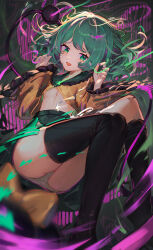 Rule 34 | 1girl, absurdres, ass, black thighhighs, breasts, chocarate, green eyes, green hair, highres, komeiji koishi, long sleeves, midriff, panties, purple nails, shirt, short hair, sitting, small breasts, smile, solo, stomach, thighhighs, touhou, underboob, underwear, white panties, yellow shirt