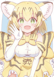 Rule 34 | 1girl, :d, absurdres, animal ear fluff, animal ears, bare shoulders, black hair, blonde hair, blue background, blush, bow, bowtie, breasts, cat ears, commentary request, elbow gloves, frilled skirt, frills, gloves, green eyes, hand up, highres, kemono friends, looking at viewer, medium breasts, multicolored hair, open mouth, sand cat (kemono friends), shirt, skirt, sleeveless, sleeveless shirt, smile, solo, sunanuko (ramuneko), two-tone background, two-tone hair, white background, white gloves, white shirt, yellow bow, yellow bowtie, yellow skirt