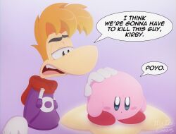 Rule 34 | 2boys, artist name, big nose, blonde hair, blue eyes, blush stickers, brown eyes, colored skin, comforting, disappointed, disembodied hand, fang, gloves, hand on another&#039;s head, headpat, highres, hood, hoodie, i think we&#039;re gonna have to kill this guy steven (meme), kirby, kirby (series), looking down, meme, ms ice cream, multiple boys, nintendo, open mouth, pink skin, purple background, purple hoodie, rayman, rayman (series), rayman limbs, red footwear, red hood, shoes, signature, teeth, upper teeth only, v-shaped eyebrows, warp star, white gloves