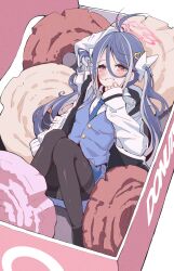 Rule 34 | 1girl, antenna hair, black pantyhose, blue archive, blue hair, blue necktie, blue vest, blush, buttons, collared shirt, fubuki (blue archive), grey hair, grin, halo, highres, kanikama acedia, long hair, long sleeves, looking at viewer, multicolored hair, necktie, no headwear, pantyhose, pink halo, red eyes, shirt, smile, solo, twintails, vest, white shirt