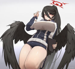 Rule 34 | 1girl, black hair, black wings, blue archive, breasts, chilakkk, gym uniform, halo, hasumi (blue archive), hasumi (track) (blue archive), highres, large breasts, long hair, pen, ponytail, red eyes, red halo, short shorts, shorts, solo, thighs, very long hair, wings
