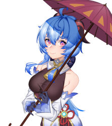 Rule 34 | 1girl, absurdres, ahoge, bare shoulders, black gloves, blue hair, bodystocking, breasts, commentary request, detached sleeves, ganyu (genshin impact), genshin impact, gloves, hair between eyes, high-waist skirt, highres, holding, holding umbrella, horns, large breasts, long hair, long sleeves, looking at viewer, purple eyes, purple umbrella, simple background, skirt, smile, solo, umbrella, upper body, very long hair, white background, white skirt, xiaxia (shidu233)