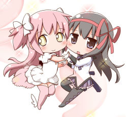 Rule 34 | 10s, 2girls, akemi homura, black hair, boots, chibi, dress, gerotan, gloves, hair ribbon, holding hands, kaname madoka, long hair, magical girl, mahou shoujo madoka magica, mahou shoujo madoka magica (anime), multiple girls, open mouth, pantyhose, pink footwear, pink hair, pleated skirt, purple eyes, ribbon, short twintails, skirt, smile, thighhighs, twintails, two side up, ultimate madoka, yellow eyes