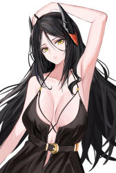 1girl absurdres arknights arm_up armpits belt black_belt black_dress black_hair black_horns breasts cleavage collarbone commentary dress hair_between_eyes highres horns ines_(arknights) large_breasts long_hair looking_at_viewer parted_lips puranetto_(vjun4748) simple_background solo white_background yellow_eyes