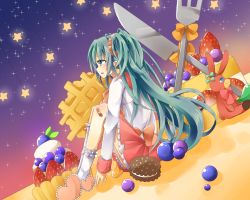 Rule 34 | 1girl, aqua eyes, aqua hair, bow, bowtie, cake, cookie, cupcake, dress, food, fork, frilled hairband, frills, from side, fruit, hair ornament, hairband, hatsune miku, heart, heart-shaped pillow, knife, legs together, long hair, long sleeves, night, night sky, open mouth, oversized object, pillow, pleated skirt, red skirt, ribbon, shirt, skirt, sky, solo, star (symbol), strawberry, stuffed animal, stuffed rabbit, stuffed toy, suzu (alpha diamant), twintails, vocaloid, waffle, white legwear, white shirt