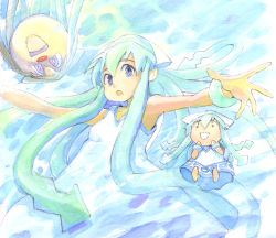 Rule 34 | 1girl, :d, :o, armpits, bare shoulders, barefoot, blue hair, blue theme, bracelet, breasts, bright pupils, chibi, creature, dress, from below, hat, hirokazu, ikamusume, jewelry, long hair, looking at viewer, looking down, o o, open mouth, outstretched arms, purple eyes, shinryaku! ikamusume, sidelocks, sleeveless, sleeveless dress, small breasts, smile, solo, upper body, very long hair, white dress, white hat