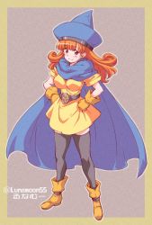 Rule 34 | 1girl, alena (dq4), artist name, belt, black belt, black thighhighs, blue cape, blue hat, boots, border, brown footwear, brown gloves, cape, closed mouth, commentary request, curly hair, dragon quest, dragon quest iv, dress, earrings, full body, gloves, grey outline, hands on own hips, hat, jewelry, long hair, looking at viewer, lunamoon, orange hair, red eyes, short dress, short sleeves, smile, solo, standing, thighhighs, twitter username, yellow border, yellow dress, zettai ryouiki