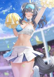 Rule 34 | absurdres, animal ears, arikawa rui, black hair, blue archive, blue eyes, blue sky, blurry, blurry background, breasts, cheerleader, cleavage, cloud, crop top, dog ears, dog girl, dog tail, eyewear on head, facial mark, goggles, goggles on head, hair bobbles, hair ornament, halo, hibiki (blue archive), hibiki (cheer squad) (blue archive), highres, holding, holding pom poms, jacket, large breasts, millennium cheerleader outfit (blue archive), multicolored clothes, multicolored jacket, navel, official alternate costume, pom pom (cheerleading), pom poms, purple eyes, shoes, skirt, sky, sneakers, star (symbol), star facial mark, sticker on face, tail, twintails, white footwear, white skirt, yellow halo