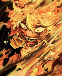 Rule 34 | 1girl, black clover, clenched hand, fiery hair, fire, highres, mereoleona vermillion, open mouth, poonwip, red eyes, red hair, short hair, smile, solo