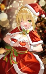 Rule 34 | 1girl, ahoge, bell, blonde hair, blurry, blurry background, breasts, capelet, chinese commentary, christmas tree, cleavage, commentary request, cowboy shot, dress, fate/extra, fate (series), fur-trimmed capelet, fur-trimmed dress, fur trim, green eyes, hair intakes, hat, heart, heart hands, highres, jingle bell, large breasts, looking at viewer, nero claudius (fate), nero claudius (fate) (all), one eye closed, open mouth, red capelet, red dress, santa dress, santa hat, shenqi xiao hong zai nali, solo, wristband