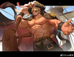 Rule 34 | 1boy, abs, absurdres, amaimochi, bara, bara pirate, bare pectorals, beard stubble, beckoning, biceps, blonde hair, bulge, coat, coat on shoulders, commission, eyepatch, facial hair, floating cape, hat, highres, large belt, large pectorals, leather, leather pants, leg belt, looking at viewer, male focus, mature male, muscular, muscular male, navel, navel hair, nipples, original, outstretched hand, pants, pectorals, pirate, pirate hat, reaching, reaching towards viewer, red eyes, sailing ship, sanpaku, scar, scar on arm, scar on chest, scar on stomach, seductive smile, short hair, smile, solo, steering wheel, stomach, strongman waist, stubble, thick eyebrows, wind