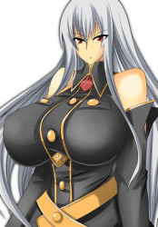 Rule 34 | 00s, 1girl, bare shoulders, breasts, detached sleeves, female focus, huge breasts, long hair, military, military uniform, red eyes, selvaria bles, senjou no valkyria (series), senjou no valkyria 1, silver hair, solo, source request, umino mokuzu (a4 size), uniform, white background