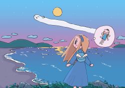 Rule 34 | 1girl, 1nupool, :o, backpack, bag, beach, blonde hair, blue eyes, blush stickers, cloud, commentary, creature, dress, closed eyes, flying, full moon, highres, long dress, long hair, moon, ocean, original, outdoors, thought bubble, twilight, wings