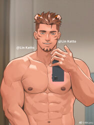 Rule 34 | 1boy, abs, absurdres, animal ears, bara, brown hair, facial hair, goatee, highres, holding, holding phone, katto8452, looking at viewer, male focus, navel, nipples, nose piercing, nose ring, original, phone, piercing, seductive smile, selfie, short hair, smile, solo, standing, stomach, thick eyebrows, tiger ears