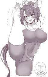 Rule 34 | 1boy, 1girl, ahoge, animal ears, breasts, clapping, cleavage, collarbone, commentary request, covered navel, dantsu flame (umamusume), highres, horse ears, horse tail, legs, looking at viewer, monochrome, puchimosu (mosu1427), split, standing, standing on one leg, standing split, swimsuit, tail, tracen swimsuit, trainer (umamusume), translation request, umamusume, white background