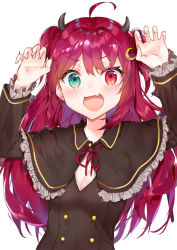 Rule 34 | 1girl, absurdres, ahoge, black dress, blue eyes, blush, breasts, buttons, capelet, claw pose, commentary, crescent, crescent hair ornament, demon girl, demon horns, demon wings, dress, fang, frilled sleeves, frills, hair ornament, heterochromia, highres, horns, long hair, long sleeves, nana kagura, nijisanji, open mouth, red eyes, red hair, simple background, skin fang, small breasts, smile, solo, two side up, upper body, virtual youtuber, white background, wide sleeves, wings, yuzuki roa