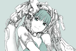 Rule 34 | 1girl, armlet, blue background, blue eyes, blue theme, bra, colored skin, headgear, light smile, looking at viewer, mecha musume, mechanical parts, original, short hair, simple background, underwear, underwear only, white skin, yoshitomi akihito