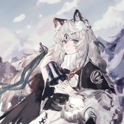 Rule 34 | 1girl, absurdres, animal ears, arknights, bell, black cape, braid, cape, diamond-shaped pupils, diamond (shape), grey eyes, grey hair, guihuajun2049, highres, holding, holding bell, leopard ears, leopard girl, leopard tail, long hair, looking at viewer, mountain, outdoors, pramanix (arknights), side braids, sketch, snow, solo, sweater, symbol-shaped pupils, tail, tiara, turtleneck, turtleneck sweater, upper body, white sweater