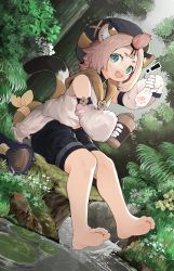 Rule 34 | 1girl, absurdres, animal ear fluff, animal ears, bangs pinned back, barefoot, boots, cat ears, cat girl, cat tail, clover print, coin hair ornament, detached sleeves, diona (genshin impact), feet, genshin impact, green eyes, hair ornament, hat, highres, looking at viewer, menthako, open mouth, paw print palms, pink hair, puffy detached sleeves, puffy shorts, puffy sleeves, short hair, shorts, soles, tail, unworn boots