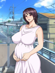 1girl blush breasts female_focus gaden large_breasts mature_female outdoors pregnant purple_hair short_hair smile solo