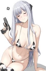 1girl ak-12_(girls&#039;_frontline) anger_vein animal_print arm_support bikini black_ribbon blush breasts breasts_apart closed_eyes closed_mouth collarbone commentary commentary_request cow_print cow_print_bikini cow_print_thighhighs facing_viewer girls&#039;_frontline grey_hair gun hair_ribbon half_up_braid hand_up handgun highres holding holding_gun holding_weapon long_hair micro_bikini mp-443_grach navel print_bikini print_thighhighs ribbon side-tie_bikini_bottom sidelocks simple_background sitting smile stomach string_bikini sumi_ojie sweatdrop swimsuit thighhighs trigger_discipline two-tone_bikini two-tone_thighhighs weapon white_background