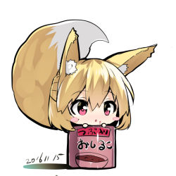 Rule 34 | 1girl, animal ears, blonde hair, blush stickers, chestnut mouth, chibi, dated, food, food on face, fox ears, fox girl, fox tail, hair between eyes, in container, long hair, looking away, original, parted lips, pink eyes, solo, tail, white background, yuuji (yukimimi)