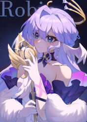 Rule 34 | 1girl, absurdres, blue eyes, character name, commentary request, detached sleeves, dress, feather boa, gloves, head wings, highres, honkai: star rail, honkai (series), long hair, partial commentary, purple hair, qianxun, robin (honkai: star rail), smile, solo, strapless, strapless dress, upper body, very long hair, white gloves, wings