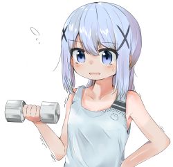 Rule 34 | 1girl, bare arms, bare shoulders, blue eyes, blue hair, blue tank top, blush, collarbone, commentary request, dumbbell, flying sweatdrops, gochuumon wa usagi desu ka?, hair between eyes, hair ornament, highres, holding, houjichaoic, kafuu chino, long hair, parted lips, sidelocks, simple background, solo, sweat, tank top, tippy (gochiusa), trembling, upper body, white background, x hair ornament